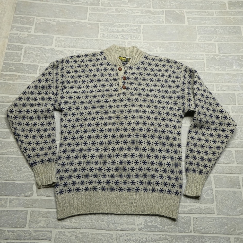 VINTAGE OshKosh B'Gosh Sweater Mens Large Gray Blue Winter Snowflake Henley Mock